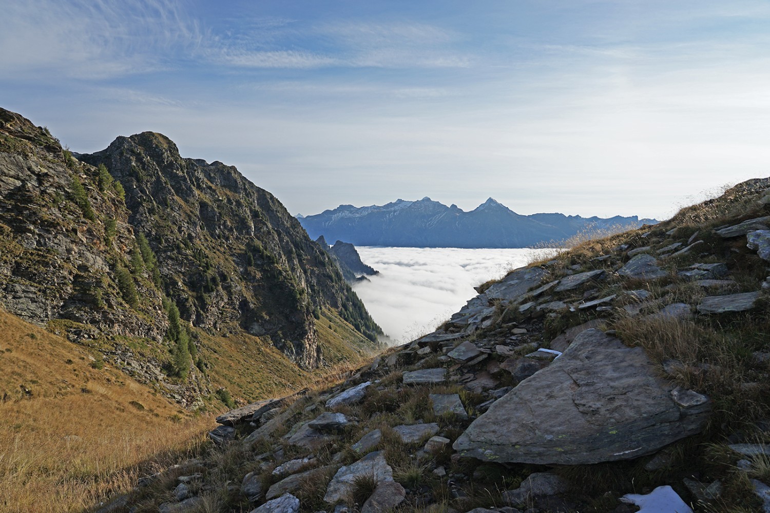 Ein Blick vom Pass de Buffalora ins Misox, bevor der Weg wieder auf die Calancatal-Seite wechselt.