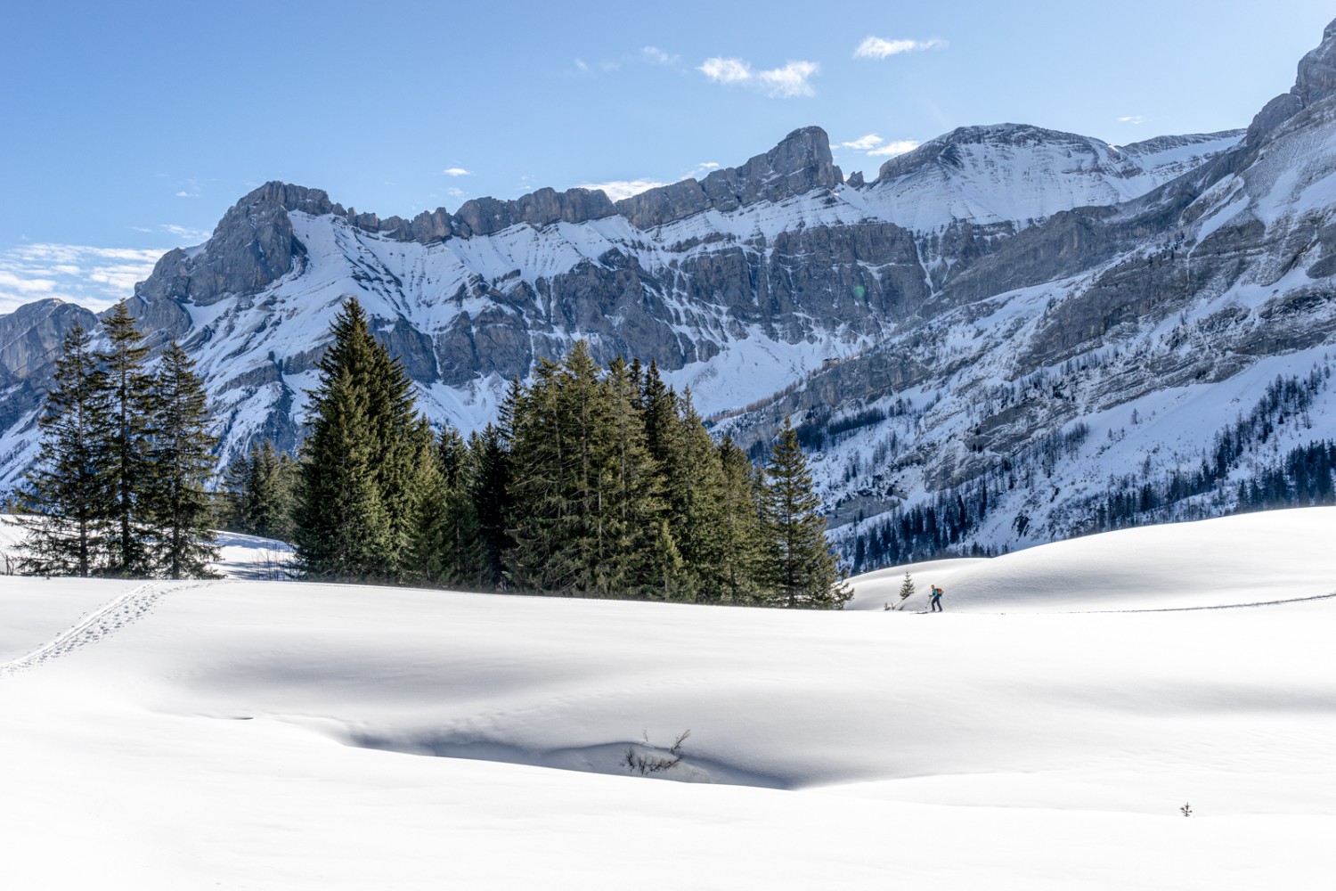 Kleiner Schneeschuhwanderer vor grossen, schattigen Felswänden. Bild: Fredy Joss