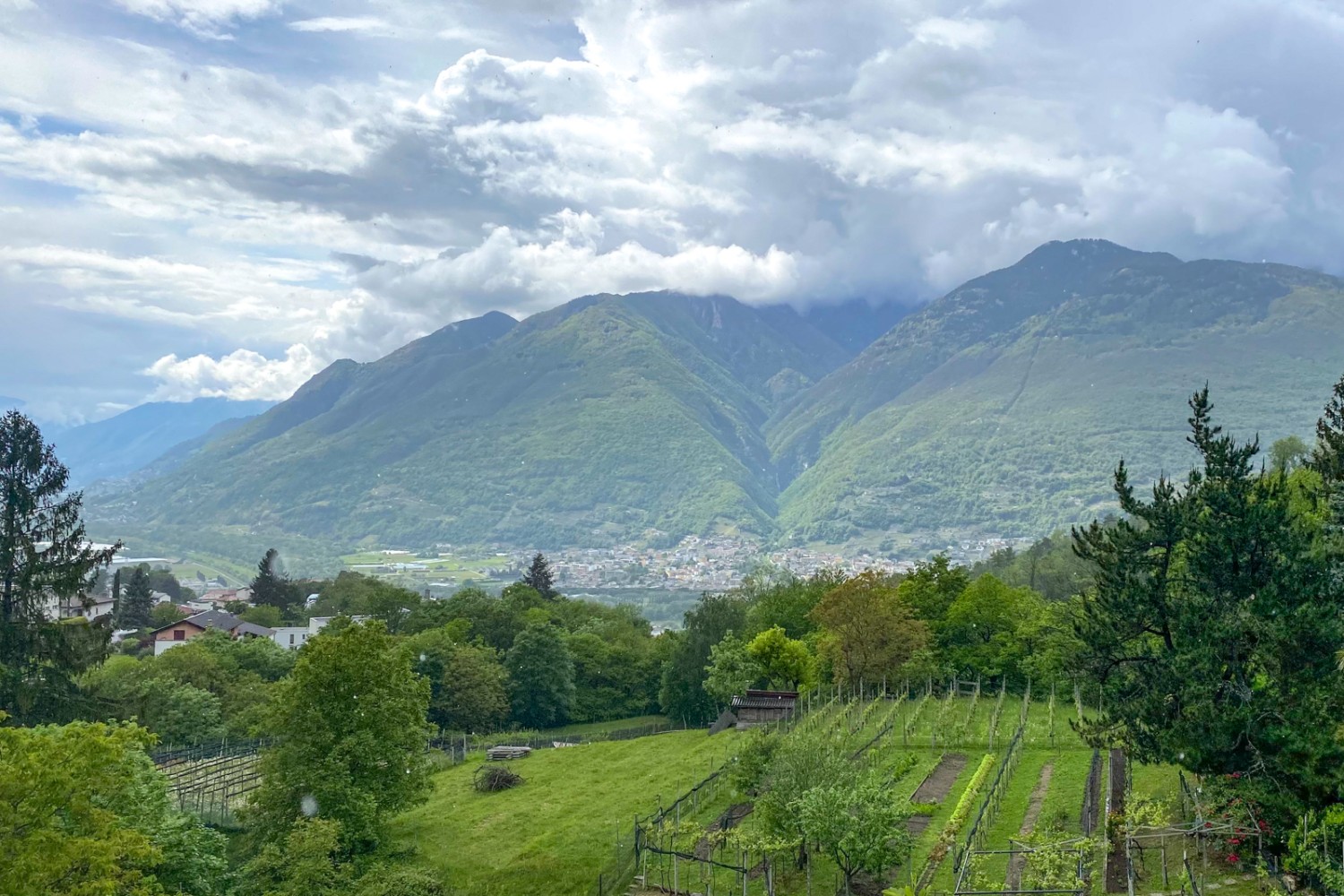 Pianezzo: veduta sulla valle e sul Gaggio avvolto da nuvole. Foto: Loïc von Matt