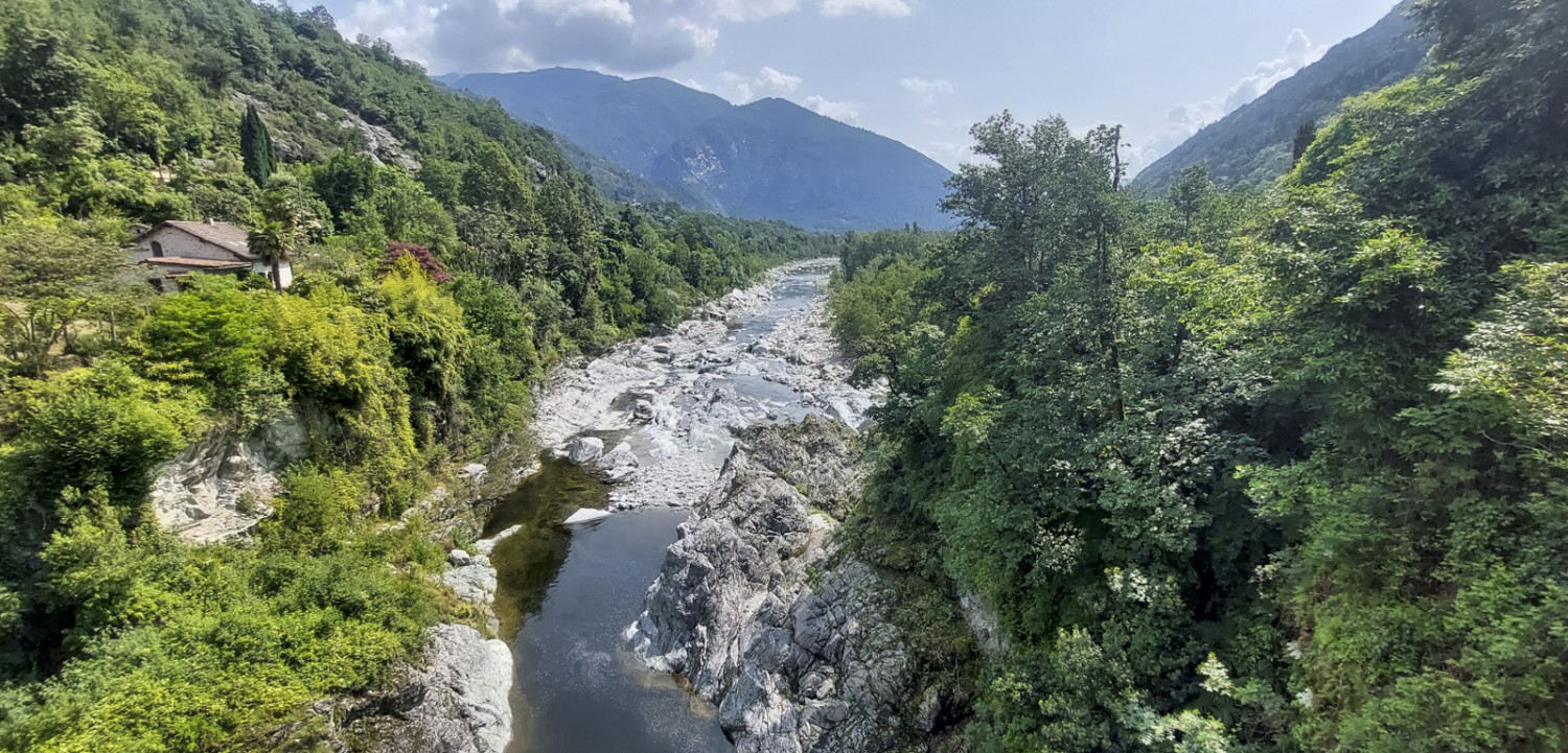 Blick von der Ponte dei Cavalli auf den Zusammenfluss von Melezza und Isorno. Bild: Tatjana Häuselmann