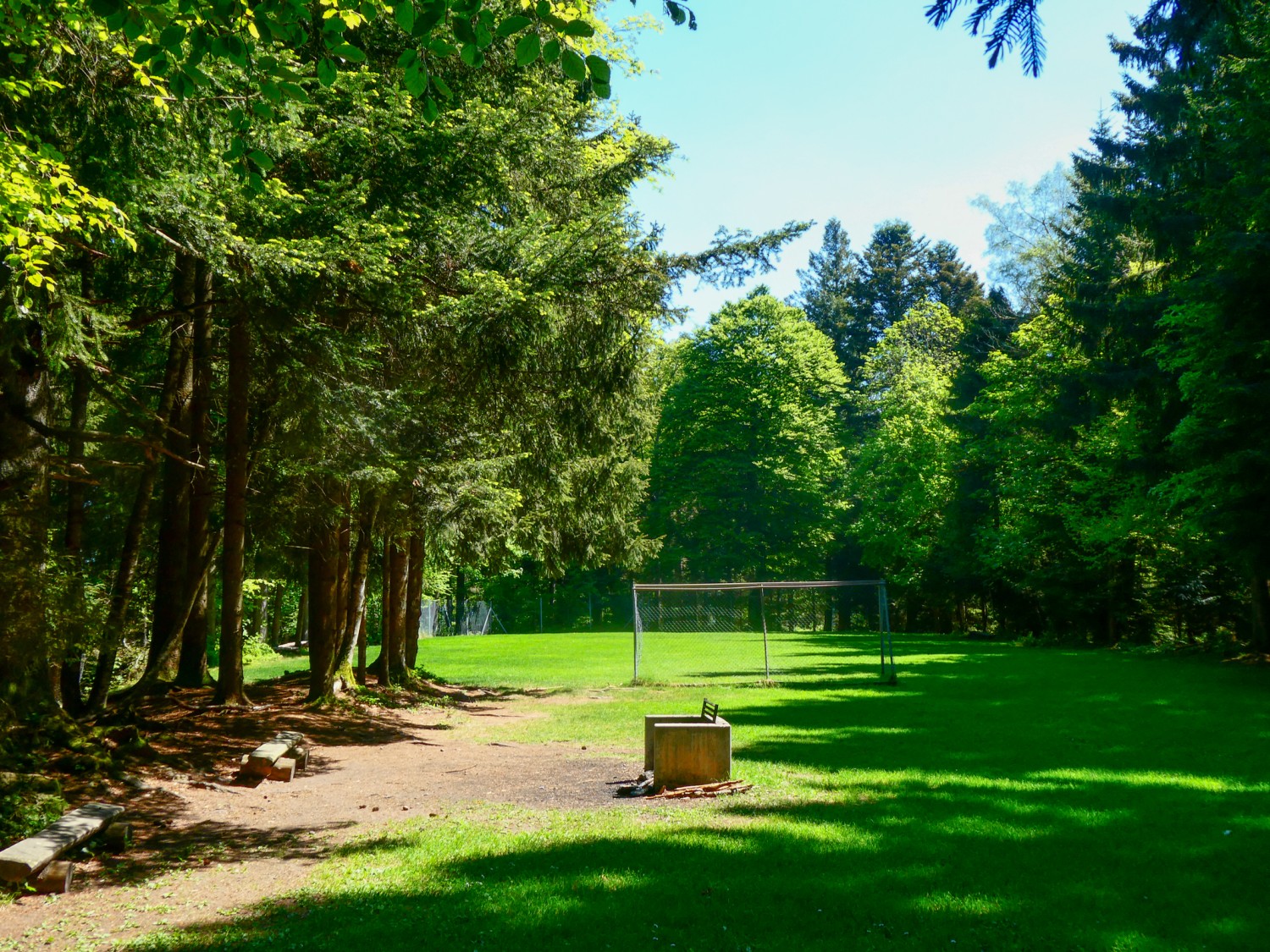 Fussball nicht vergessen! Der Sportplatz auf der Waldlichtung. Bild: Rémy Kappeler