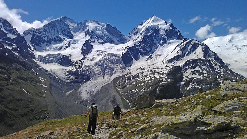 Auf dem Weg zur Coazhütte eröffnet sich die Aussicht auf die Berninagruppe und den Tschierva-gletscher. Bilder: Marina Bolzli