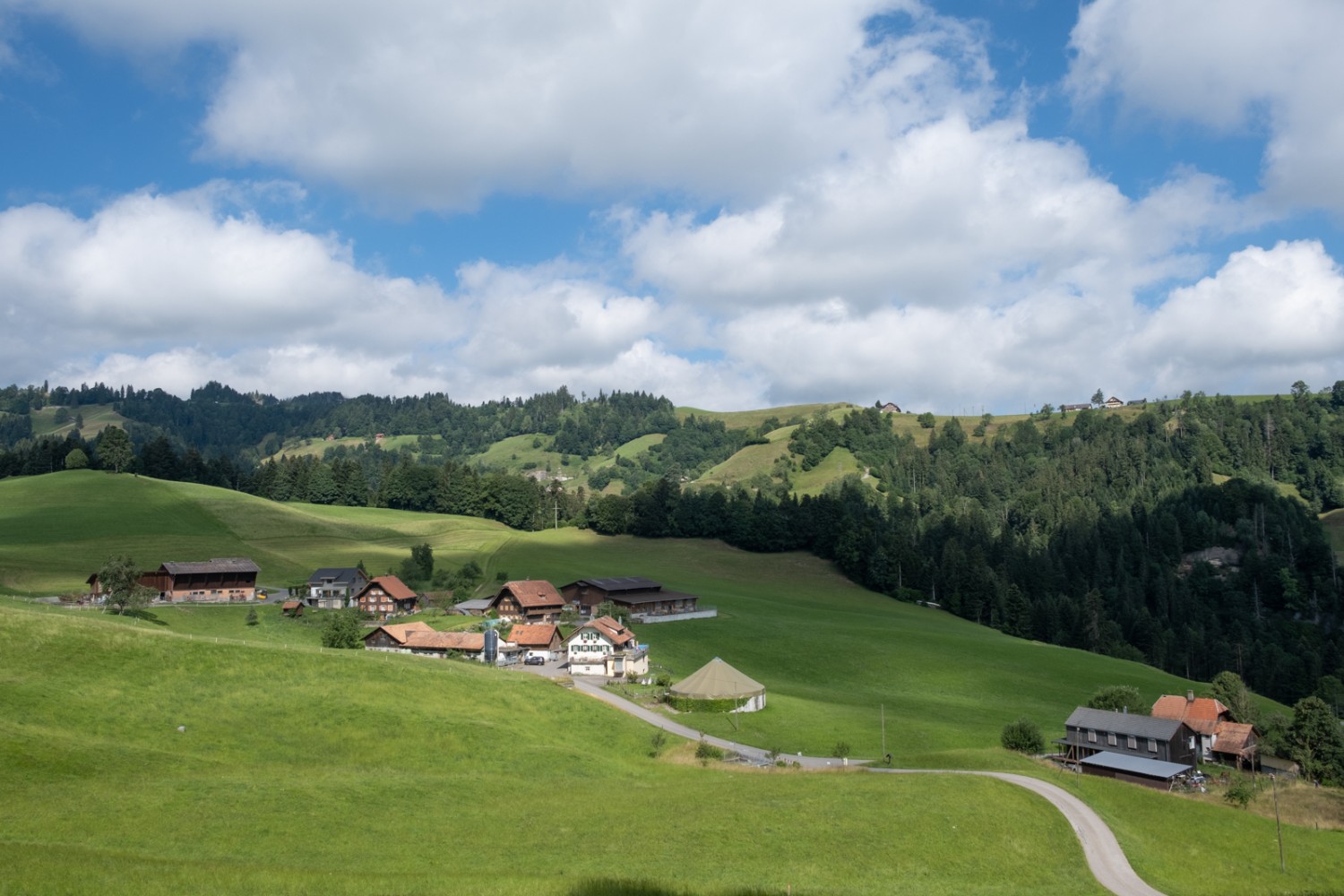 De douces collines ponctuées de fermes: tel est le paysage des environs de Romoos. Photo: Markus Ruff