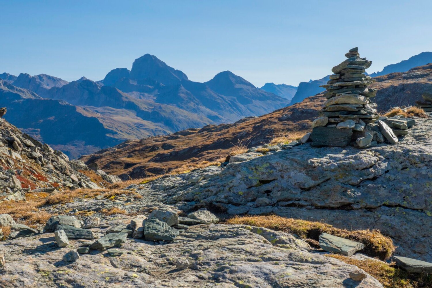 Couleurs d’automne au Stallerberg, avec le Piz Julier en arrière-plan