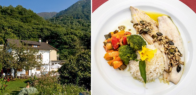 Blick auf das Hotel-Restaurant Sass da Grüm; rechts Felchenfilets mit Reis und Gemüse, alles bio. Alle Fotos: Martin Weiss