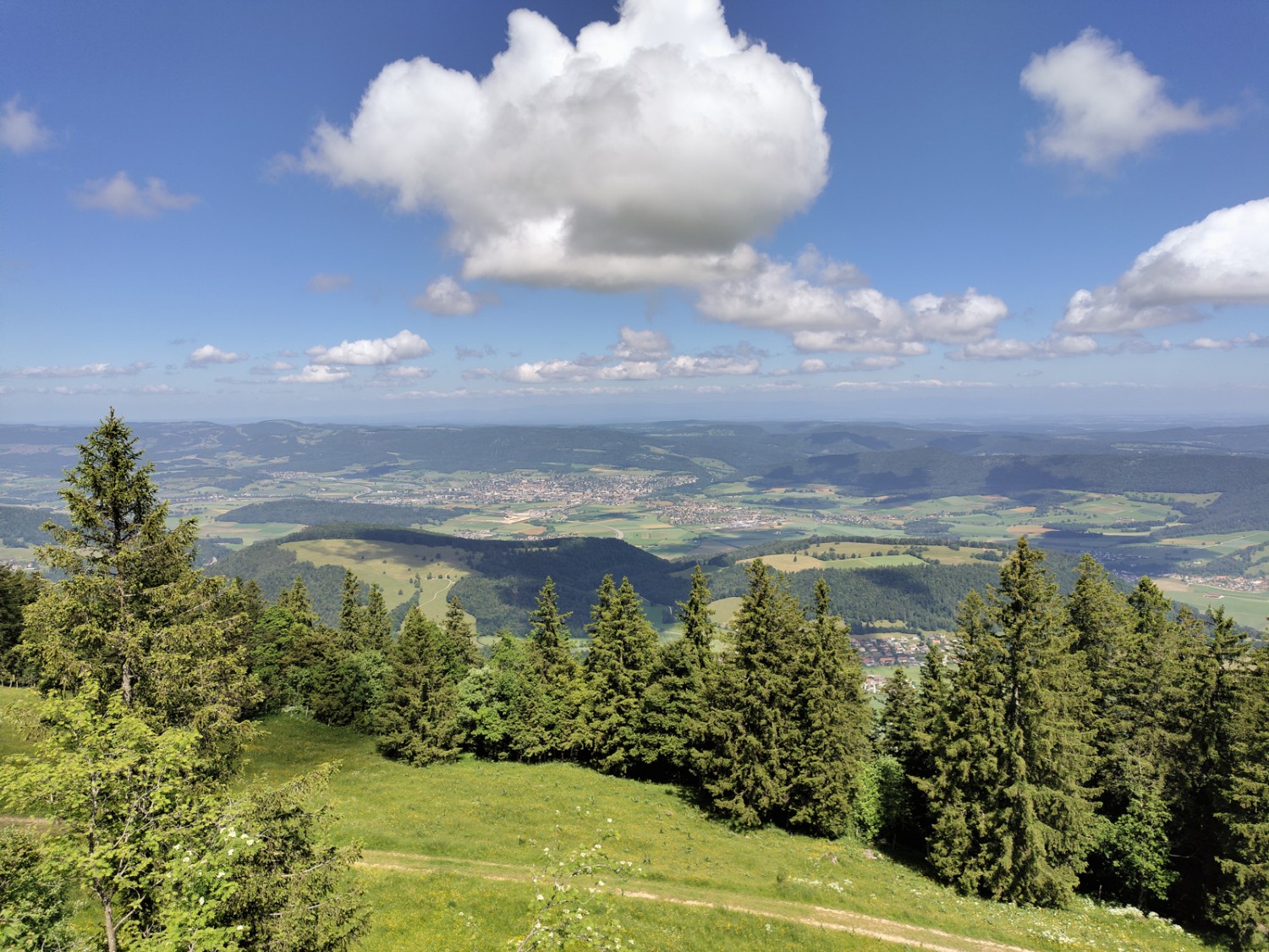 Vue depuis la tour panoramique du Mont Raimeux sur Delémont en direction de la France. Photo: Michael Dubach