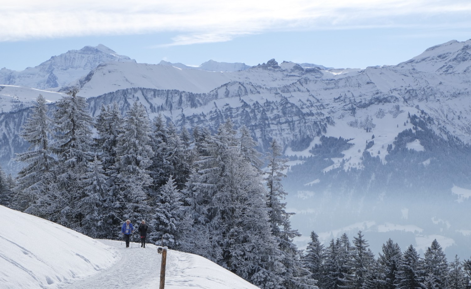 Wandern mit Sicht auf die Berner Alpen. In der Mitte die Lobhörner. Bild: Elsbeth Flüeler