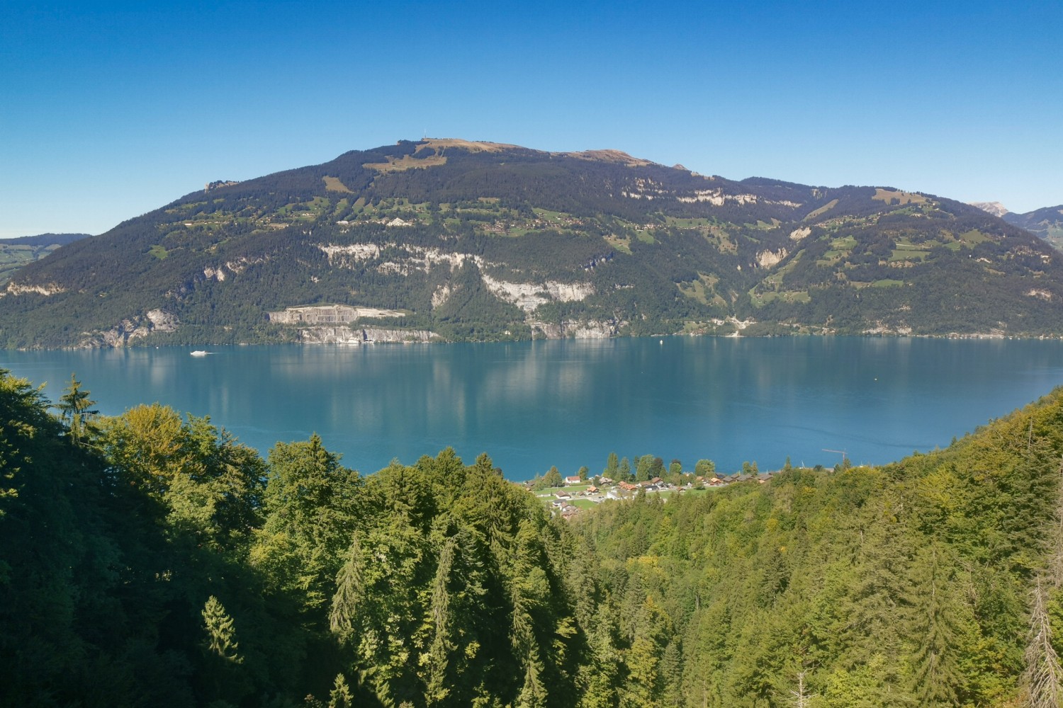 Il lago di Thun è una costante che accompagna gli escursionisti. Qui con il Niederhorn sullo sfondo. Foto: Evelyne Zaugg