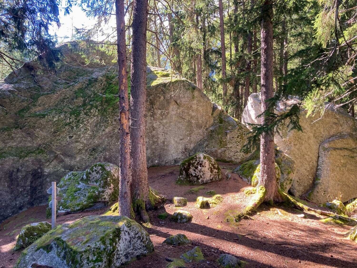 D’imposants blocs erratiques trônent au bord du chemin.
