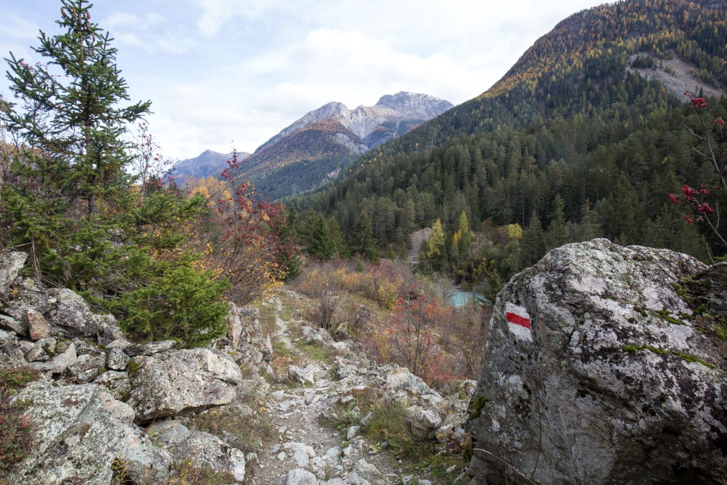 Le chemin de randonnée de montagne s’élève régulièrement au-dessus de la vallée où coule l’Inn.
