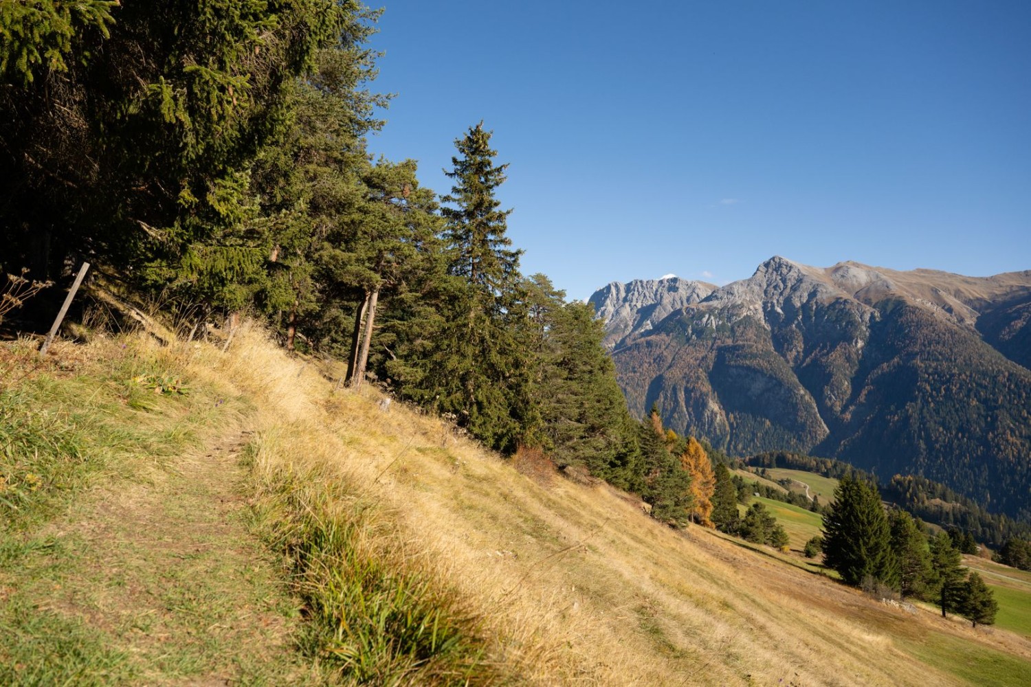 Le chemin panoramique en direction de Tschlin domine la vallée.